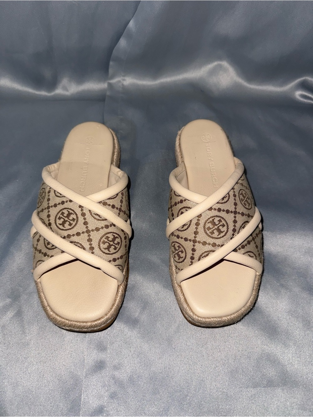 Tory Burch Beige Logo Cross-Strap Slide Mules